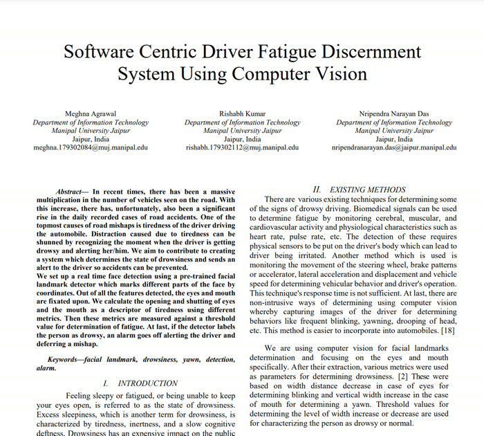 First page of the Driver Fatigue Discernment research paper
