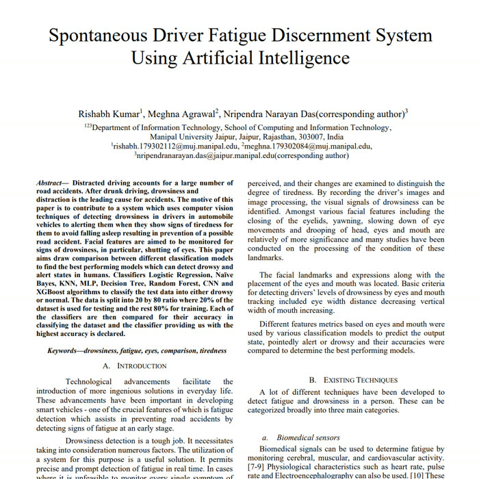 First page of the AI Driver Fatigue research paper