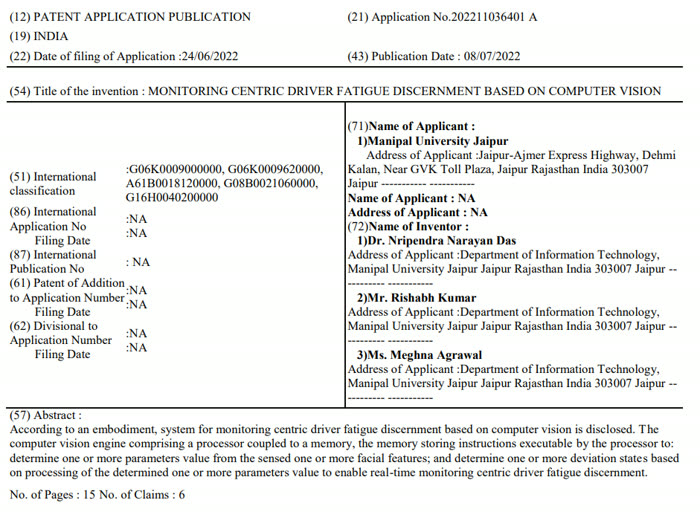 First page of the Driver Fatigue patent document